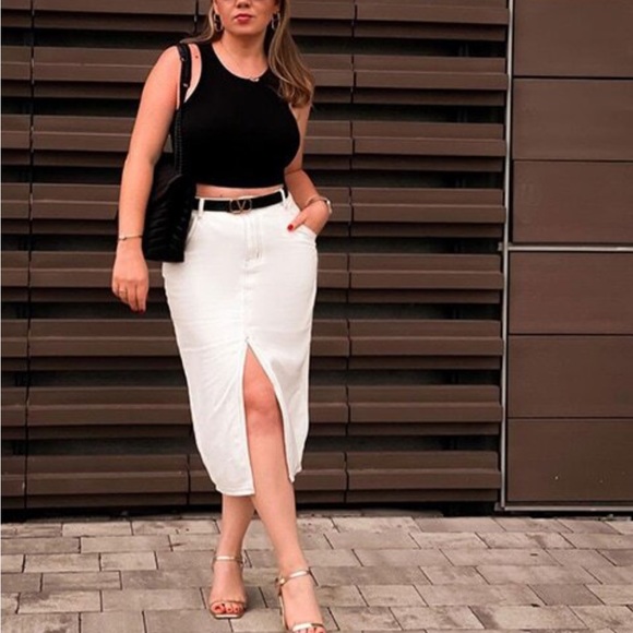 White midi denim jean skirt with slit front - Picture 7 of 9